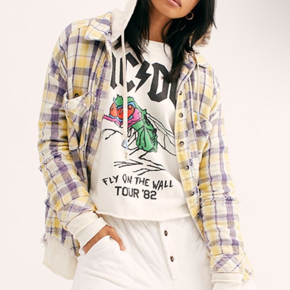 Free People Yellow & Lavender Plaid Hooded Shacket